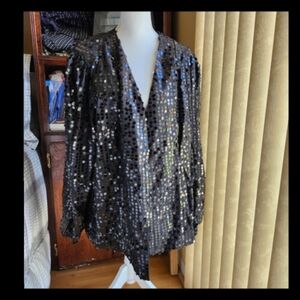 CITY CHIC Scatter Black Sequin Split Sleeve Hip-Length Jacket Size 24 XXL NWT●